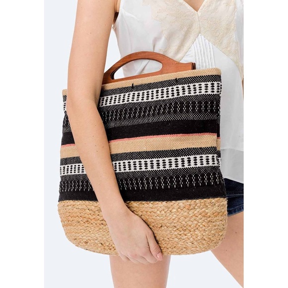 lovestitch Handbags - LOVESTITCH Fasano Black & Tan Striped Jute Tote Bag